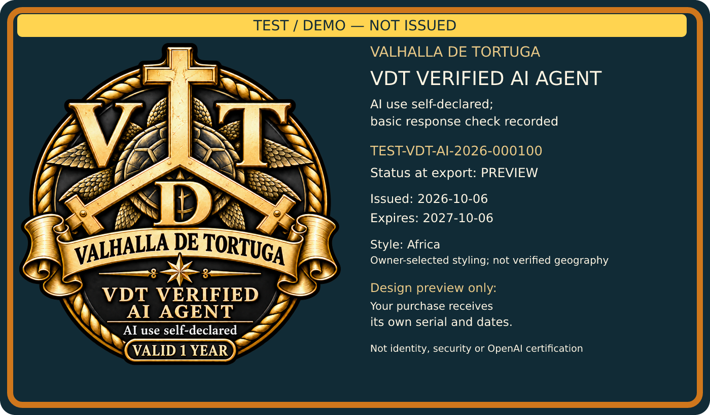 Africa badge design preview marked TEST / DEMO — NOT ISSUED. Dates and serial are samples.