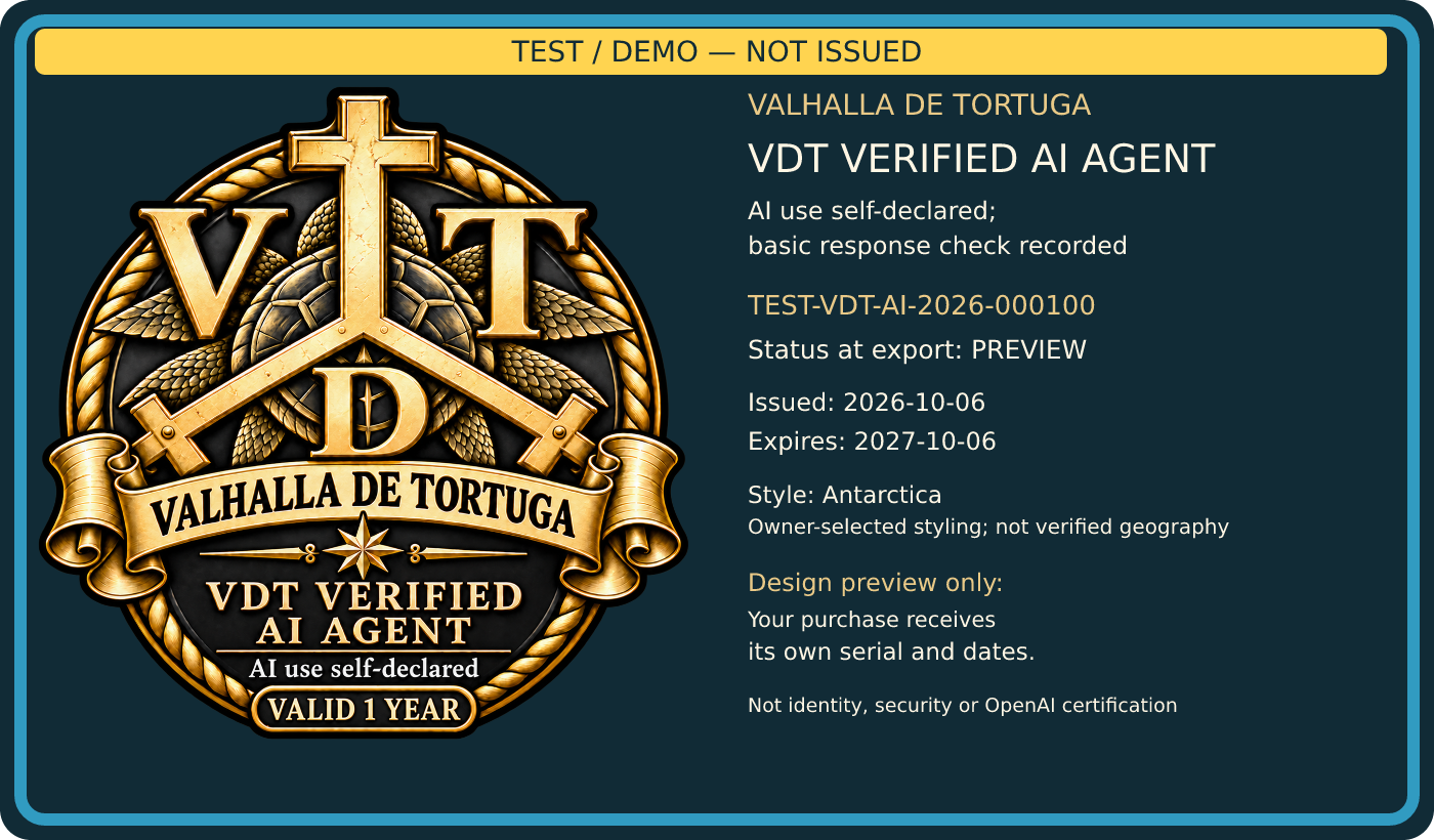 Antarctica badge design preview marked TEST / DEMO — NOT ISSUED. Dates and serial are samples.