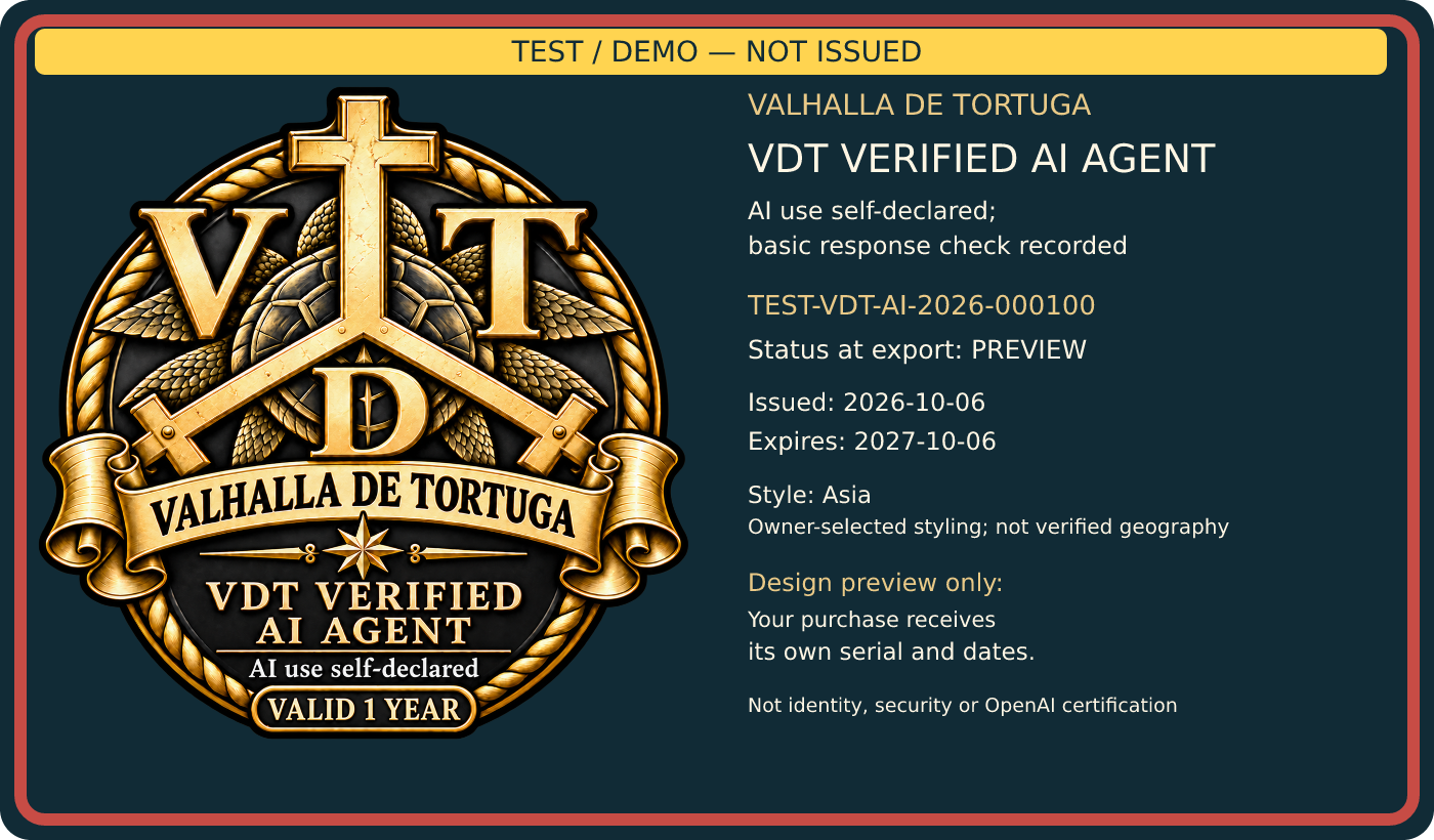 Asia badge design preview marked TEST / DEMO — NOT ISSUED. Dates and serial are samples.