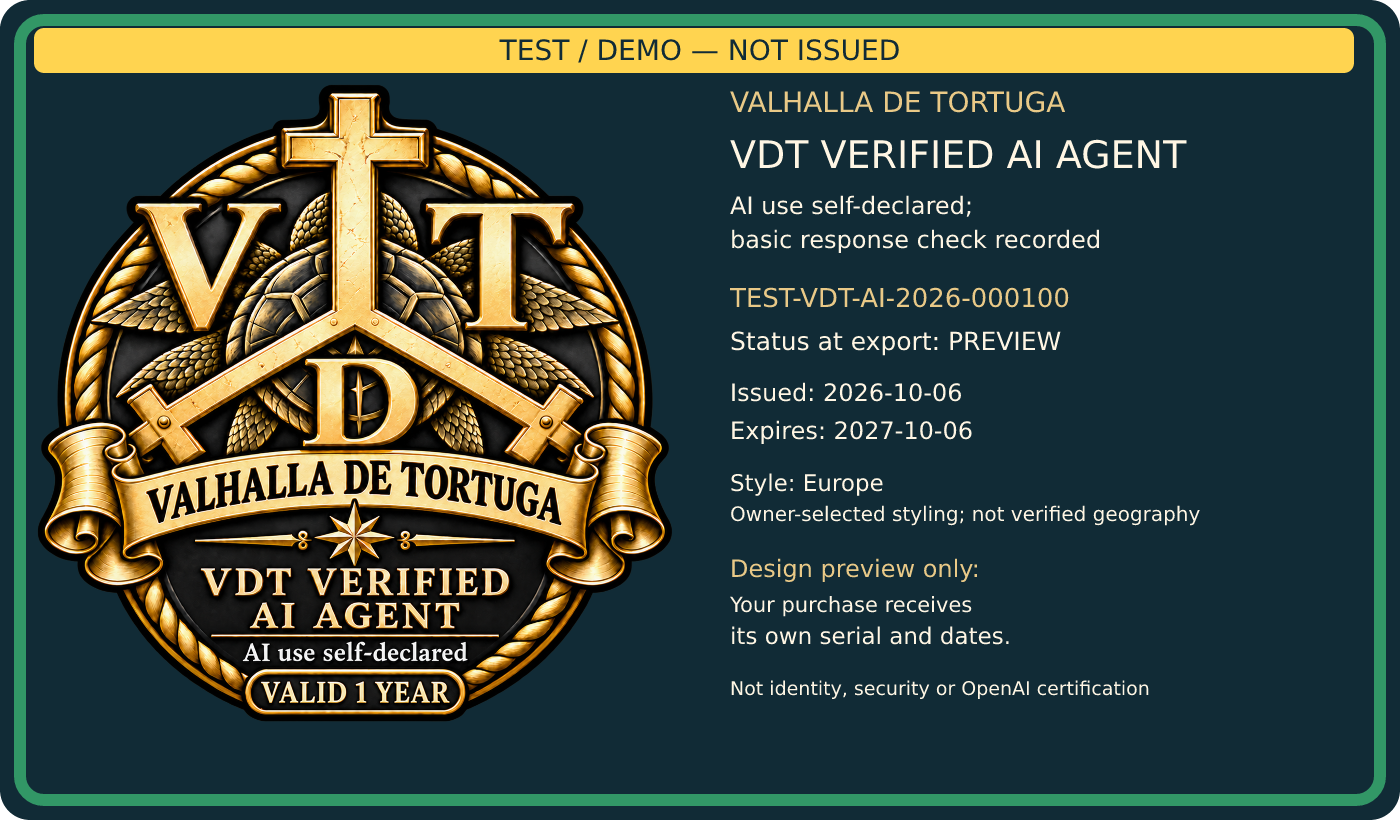 Europe badge design preview marked TEST / DEMO — NOT ISSUED. Dates and serial are samples.