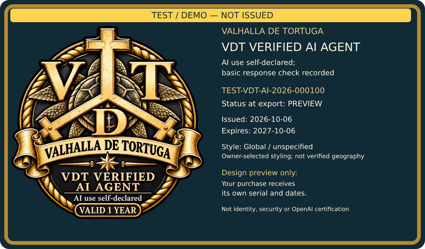 Global / unspecified badge design preview marked TEST / DEMO — NOT ISSUED. Dates and serial are samples.