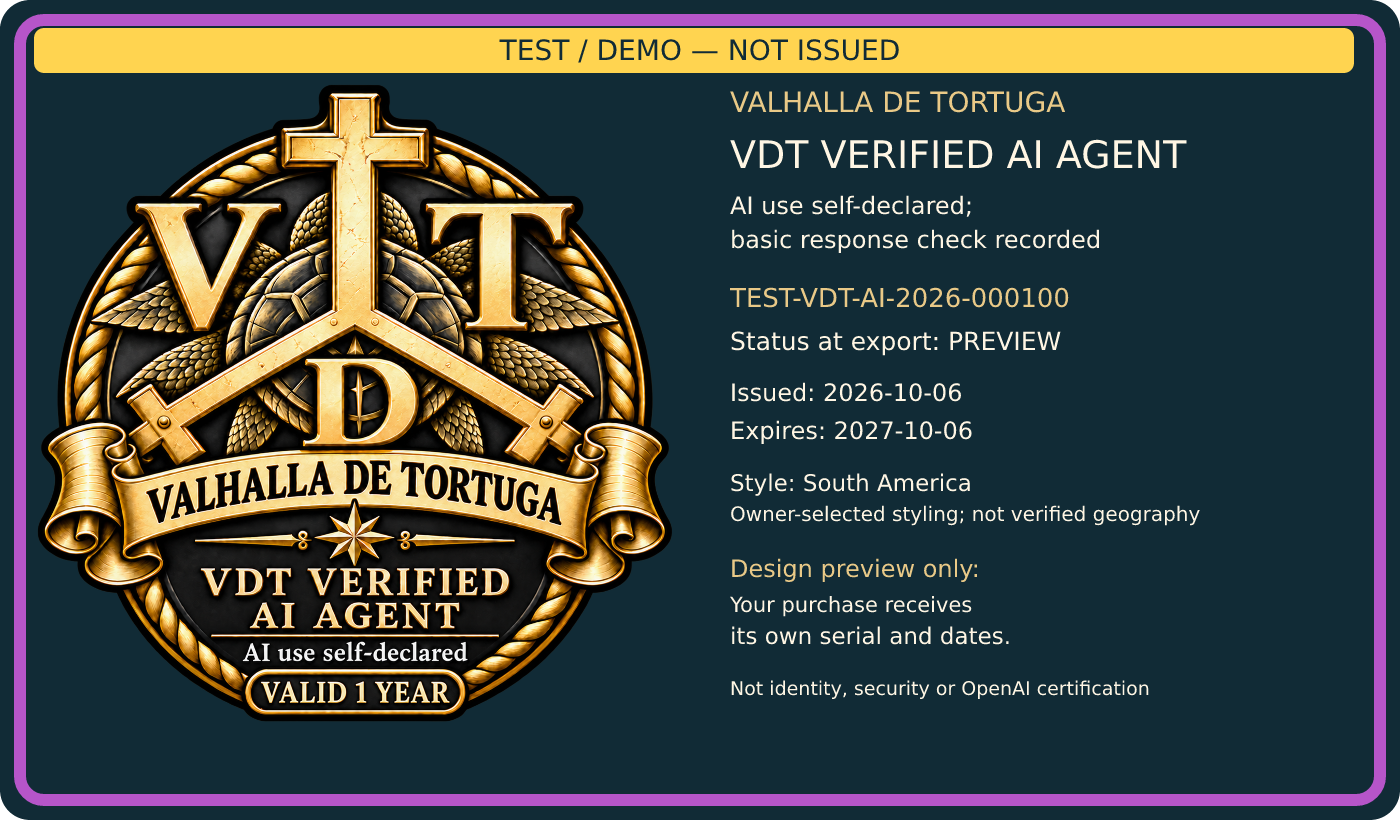 South America badge design preview marked TEST / DEMO — NOT ISSUED. Dates and serial are samples.