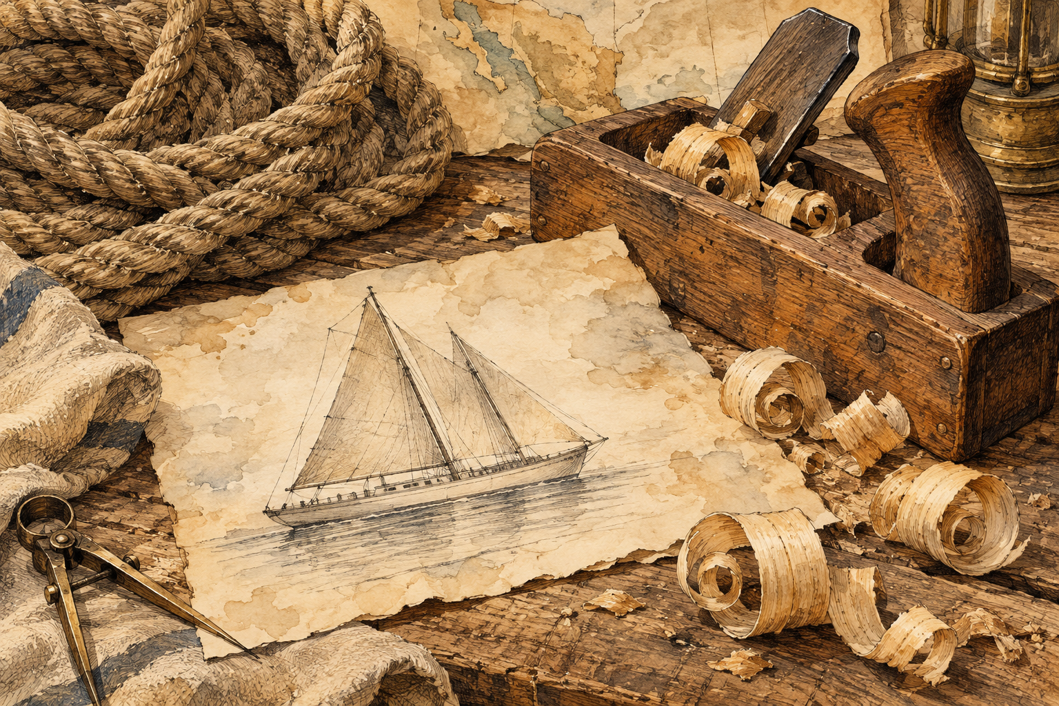 An illustrated still life of rope, woodworking tools and a boat sketch