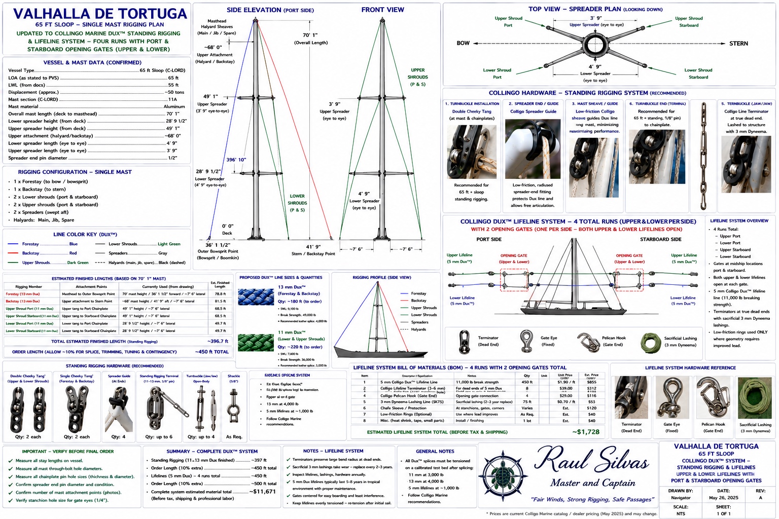 Valhalla de Tortuga single-mast rigging reference drawing with side and front elevations, spreader plan, Colligo standing-rigging hardware and four-run lifeline layout