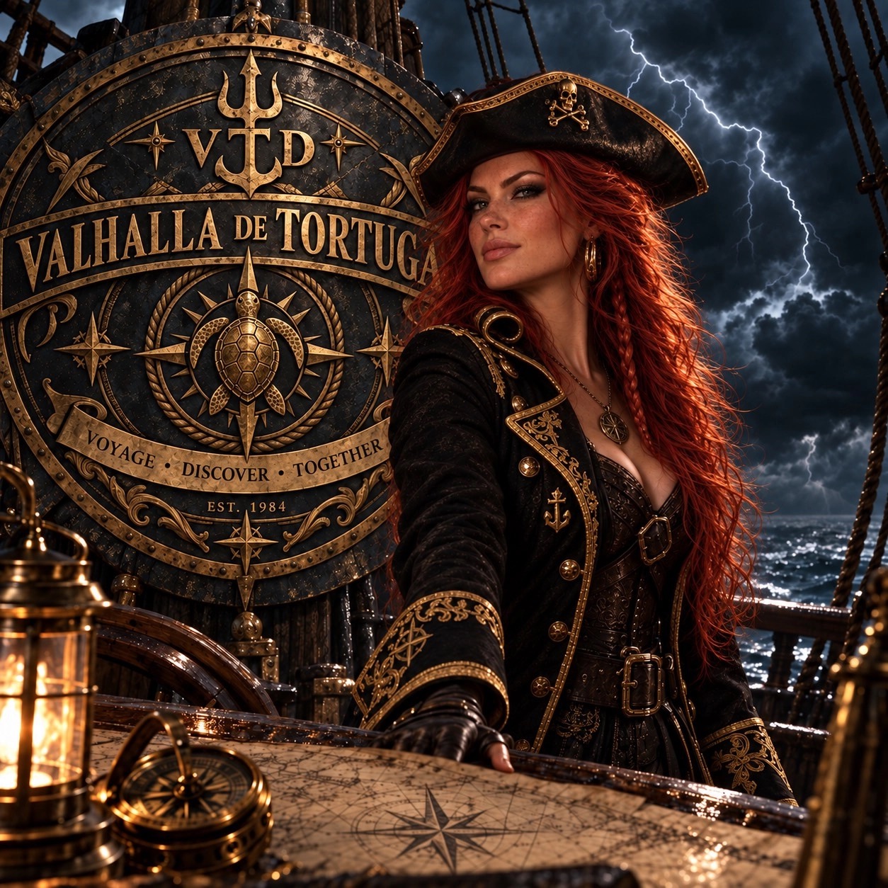 Valhalla de Tortuga storm-captain brand artwork with the VDT turtle emblem